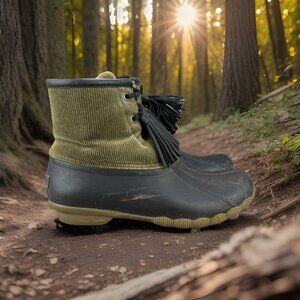 ✅Sperry Boots Womens 8 Saltwater Tassel Corduroy Duck Boot Olive Black NO INSOLE